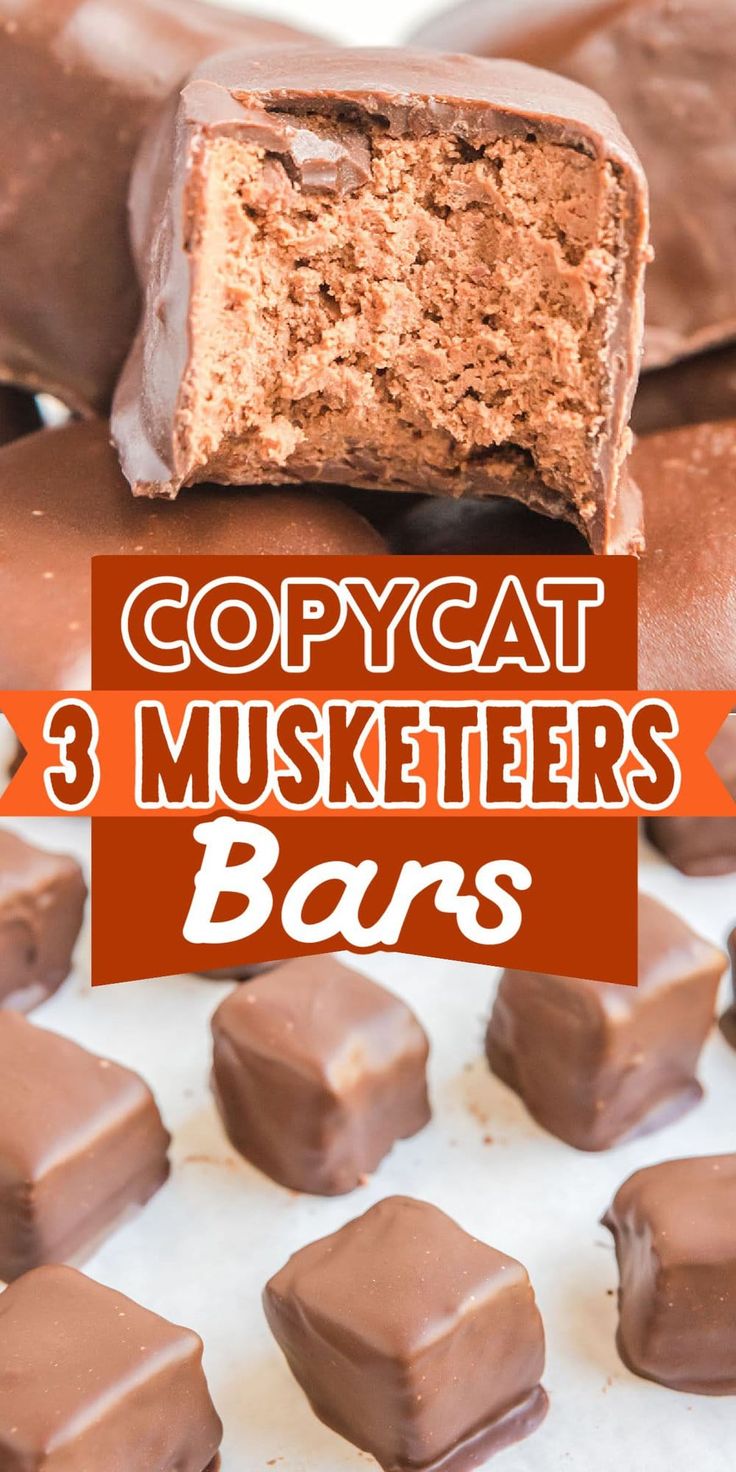 chocolate covered candy bars with text overlay that reads copycat 3 muskers bars