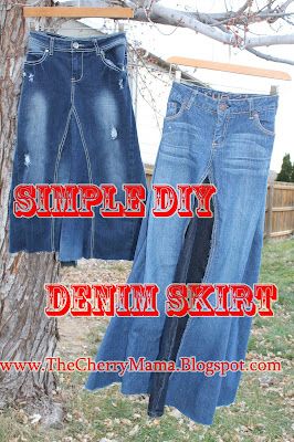 two denim skirts hanging from a tree with the words, simple diy denim skirt