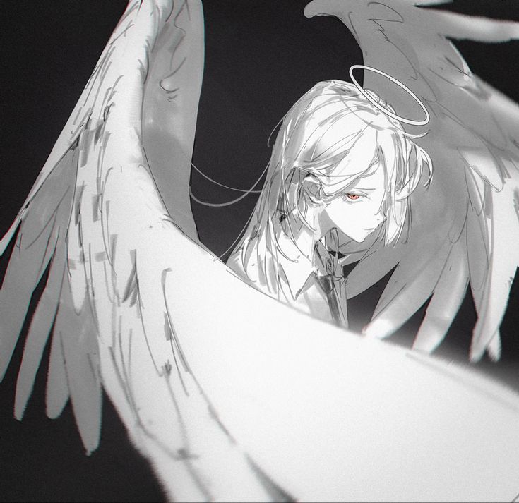 an anime character with white hair and angel wings