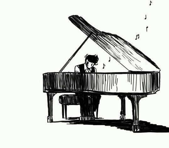 a black and white drawing of a man sitting at a piano with musical notes on it