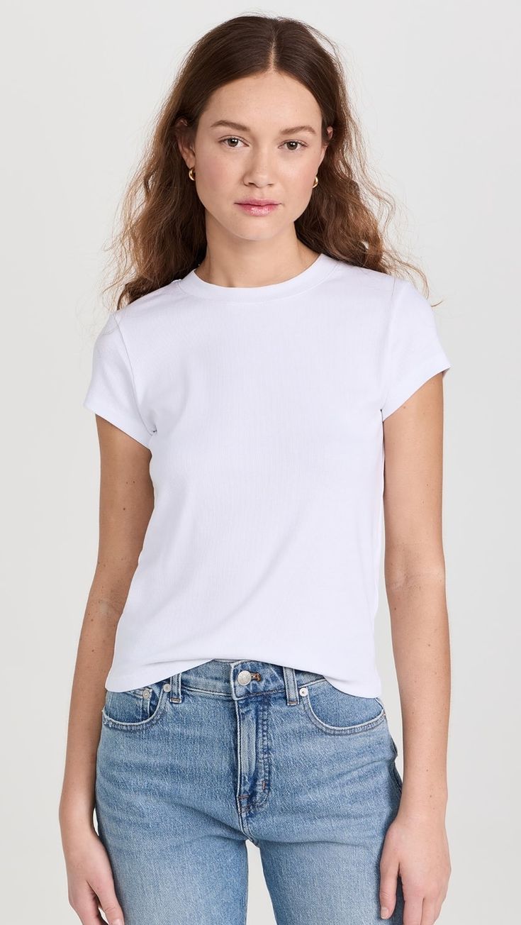 Madewell Brightside Tee | Shopbop Classic T-shirt With Ribbed Neckline For Summer, Fitted Plain T-shirt For Summer, Basic Short Sleeve T-shirt For Summer, Fitted Short Sleeve Basic T-shirt, Stretch Plain Short Sleeve T-shirt, Classic Fitted Cotton Short Sleeve Top, Classic Fitted Short Sleeve Cotton Top, Fitted Cotton Short Sleeve Classic Top, Fitted Cotton Classic Short Sleeve Top