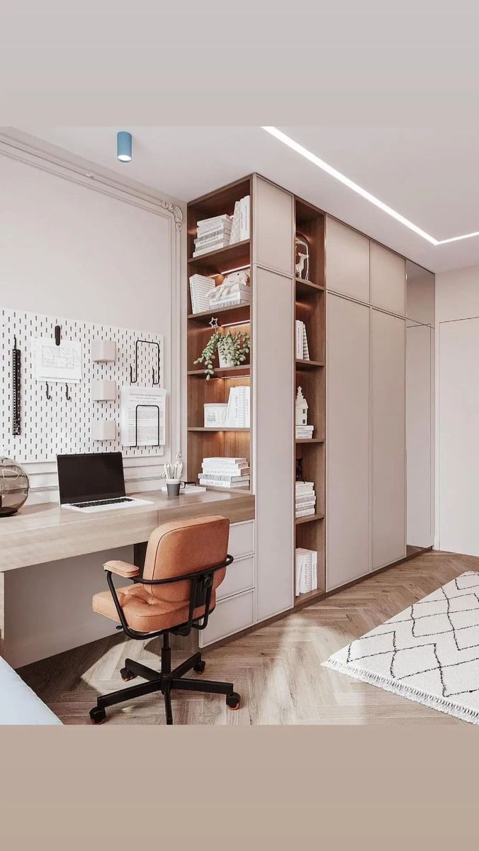 a room with a desk, chair and book shelf