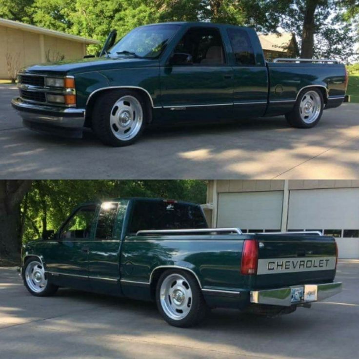 two pictures of the same truck in different stages of being painted green and white with chrome rims