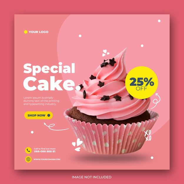 a pink poster with a cupcake on it and the words special cake written in black