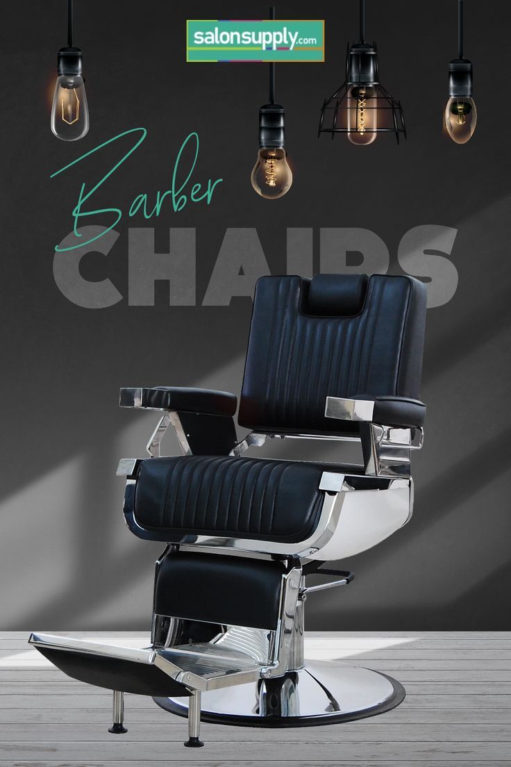 the barber chair is in front of several lights and bulbs hanging from the ceiling above it