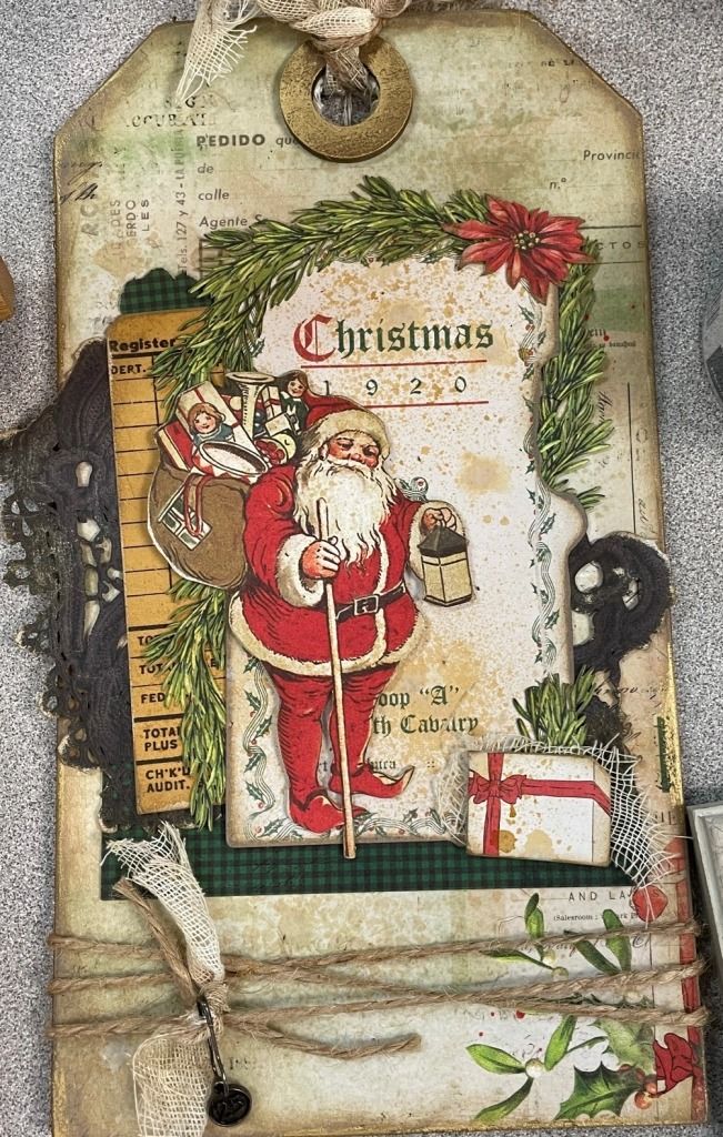 an old fashioned christmas card with santa holding a bag and presents on the top of it