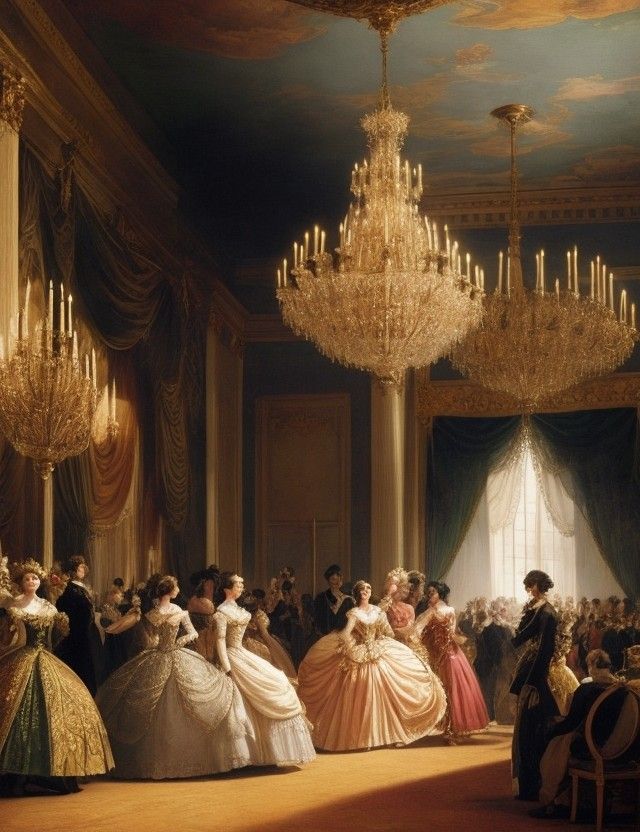 a group of people dressed in formal dress standing around a room with chandeliers