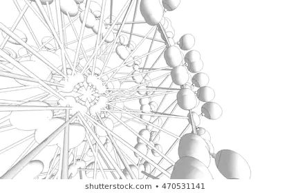 an abstract drawing of a ferris wheel in black and white with lots of balls on it