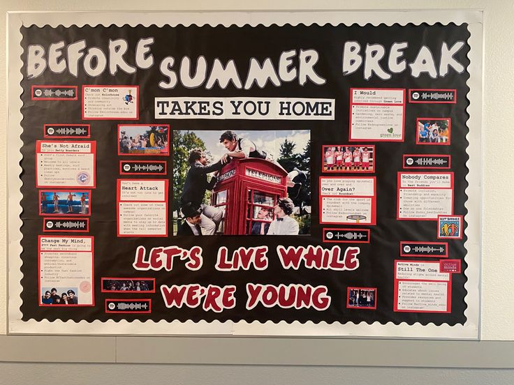 Bulletin Board with black background, red accents and variety of photos/text displayed

“Before Summer Break Takes You Home Let’s Live While We’re Young”

Image of Take Me Home album cover

Spotify codes displayed across board Bulletin Board Template Aesthetic, Bulletin Design Ideas, Aesthetic Bulletin Board Classroom, Information Board Design Classroom, Bulletin Board Aesthetic Ideas, Bulletin Board Design Aesthetic, Wall Newspaper School Ideas, Bulletin Board Layout, Bulletin Board Design Ideas