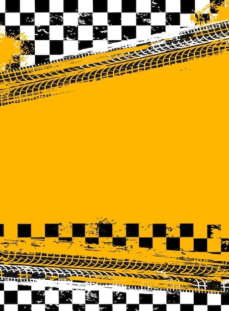 a yellow and black checkered background with tire tracks