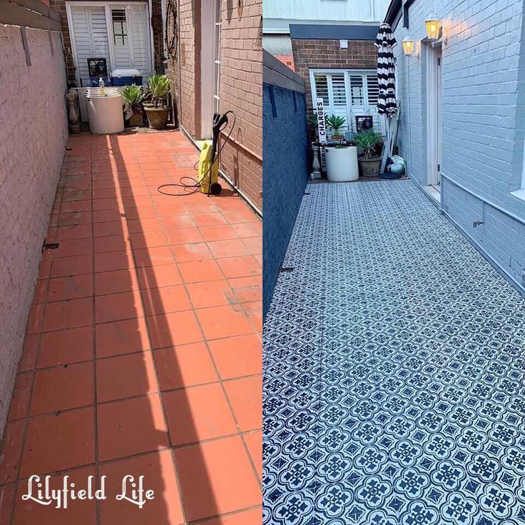 an alley way with blue and white tiles on the ground, and another alleyway with red tiled floors