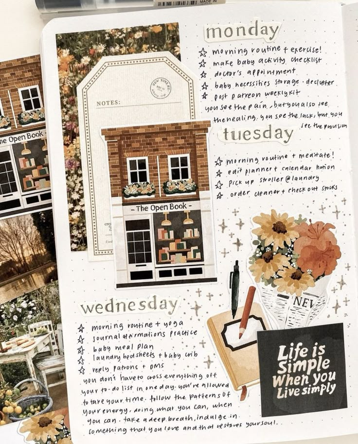 an open planner with pictures of houses and flowers