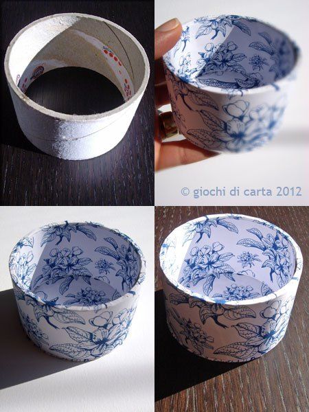 four different pictures of blue and white bowls with flowers on them, one being made out of paper