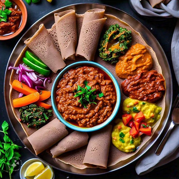 a plate filled with different types of food on top of a table next to other foods