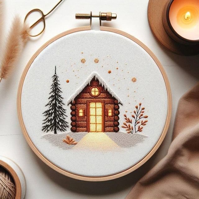 a cross stitch christmas scene with a small cabin in the snow, surrounded by other crafting supplies