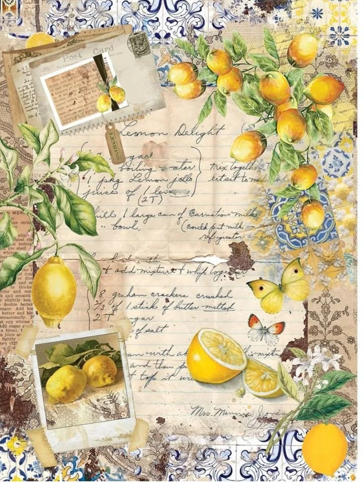 a collage of lemons and leaves on paper with an old fashioned postcard