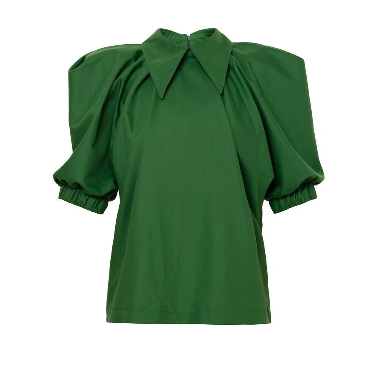 Designer Green Blouse | Julia Allert | Wolf & Badger Modern Spring Tops With Structured Shoulders, Modern Tops With Structured Shoulders For Spring, Office Puff Sleeve Top With Pleated Sleeves, Spring Collared Tops With Gathered Sleeves, Fitted Green Blouse With Gathered Sleeves, Summer Voluminous Blouse For Workwear, Workwear Blouse With Pleated Short Sleeves, Short Sleeve Pleated Tops For Work, Fitted Blouse With Pleated Short Sleeves