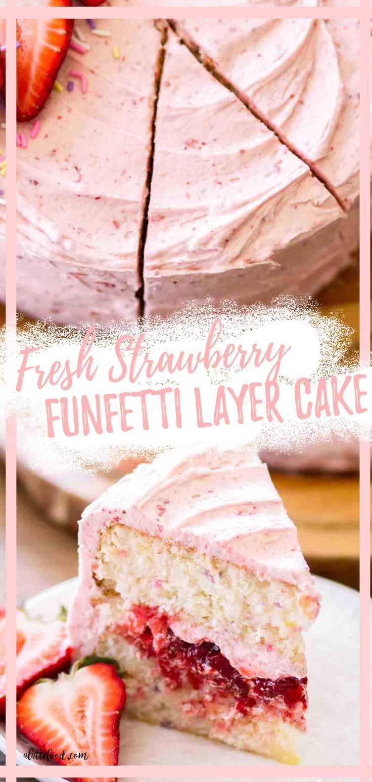 strawberry frosted strawberry funfetti cake collage Strawberry Funfetti Cake, Cake Recipe Strawberry, Easy Birthday Cake Recipes, Easy Birthday Cake, Cake With Sprinkles, Strawberry Cake Filling, Cake Filling, Strawberry Cake Recipes, Strawberry Buttercream