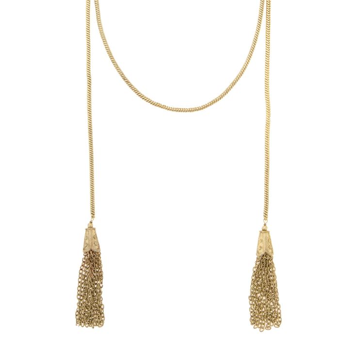 Gia Rope Gold-Tone Necklace Gold Lariat Long Necklace, Chic Gold Jewelry With Tassels, Chic Gold Tassel Jewelry, Gold Lariat Long Necklace For Party, Gold Long Tassel Necklace, Gold Long Necklace With Tassels, Chic Formal Jewelry With Tassels, Adjustable Gold Necklace With Fringe, Gold Lariat Bohemian Chain Necklace