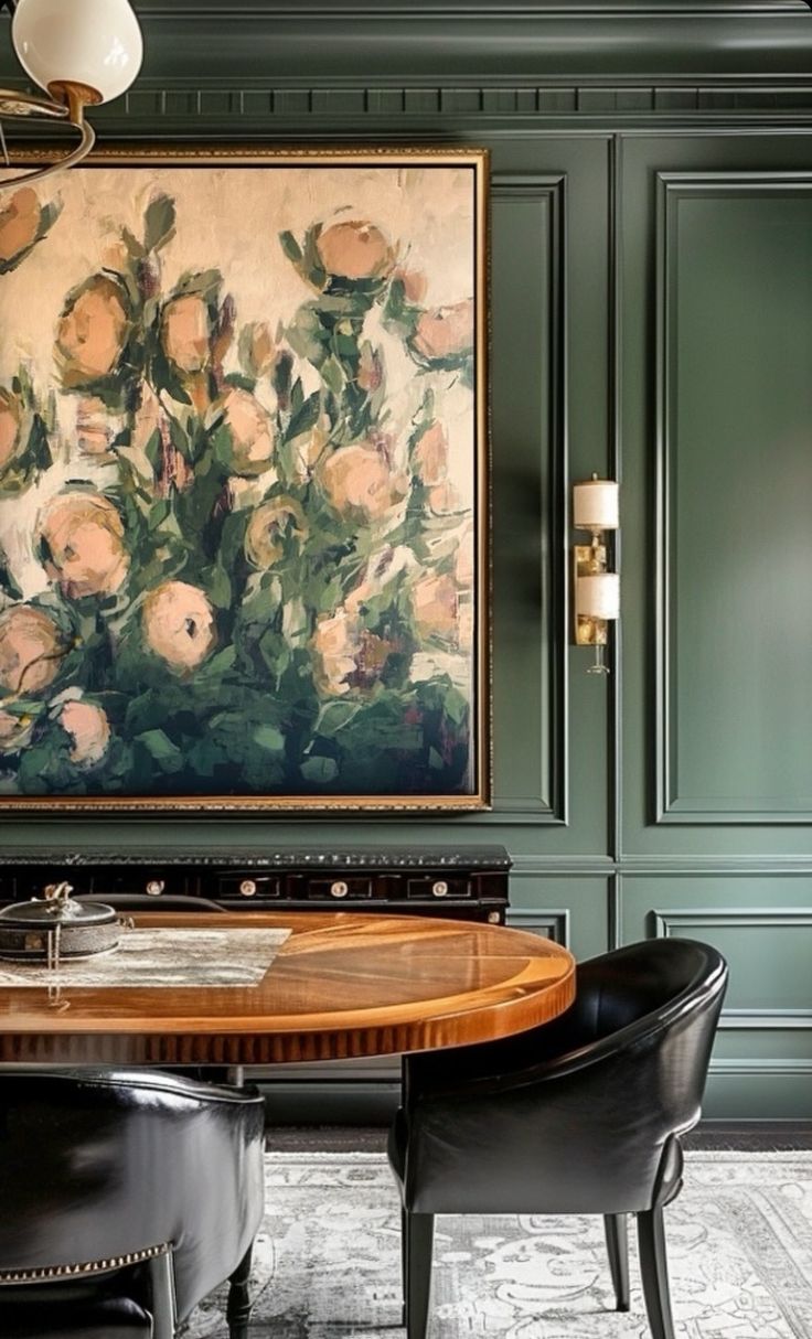 Dark Floral Dining Room, Dramatic Dining Room Ideas, Emerald Green Dining Room, Dark Green Dining Room, Green Dining Rooms, Green Dining Room Walls, Dramatic Dining Room, Large Scale Painting, Moody Dining Room