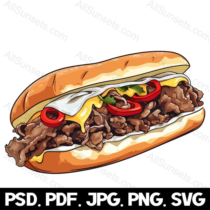 an image of a sandwich with meat and cheese on the side, in cartoon style