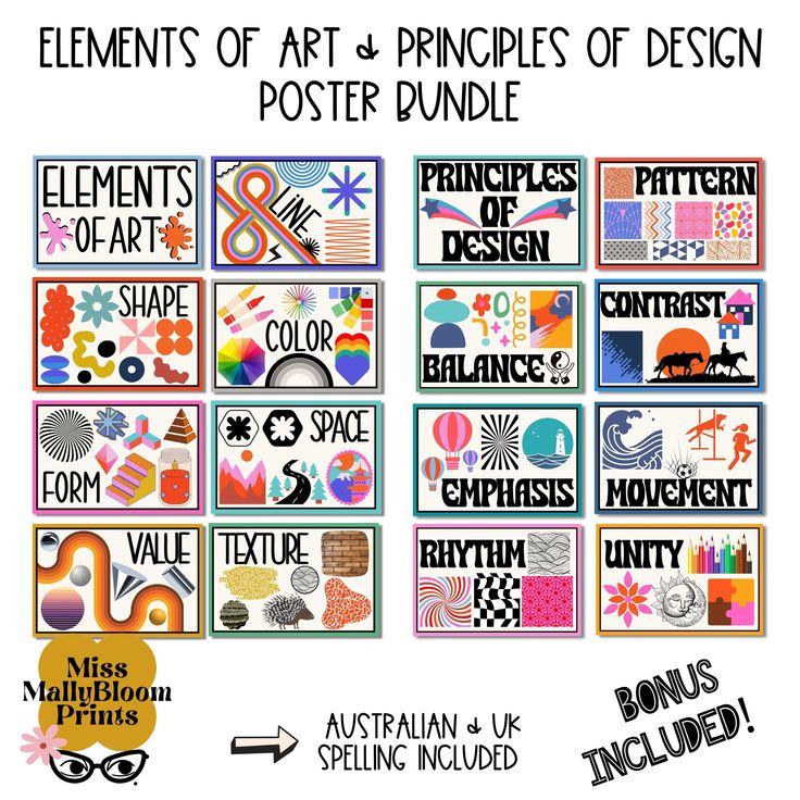 the elements of art and pictures of design poster bundle is shown in different colors, shapes, and sizes