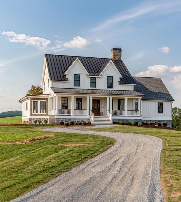 a large white house sitting on top of a lush green field next to a dirt road