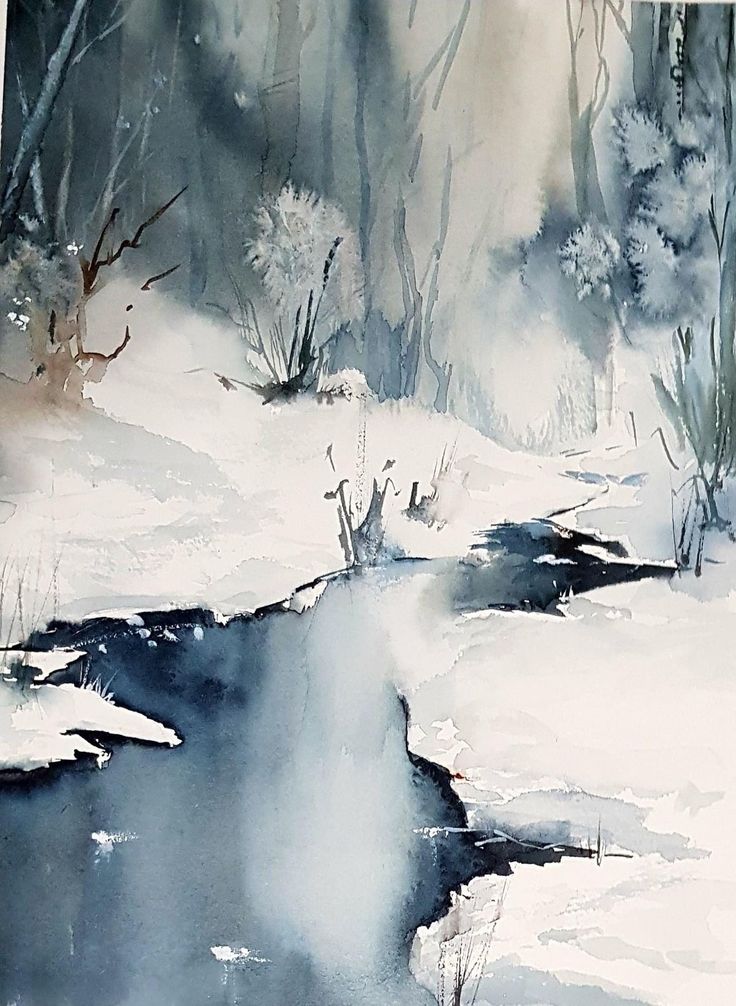 a watercolor painting of snow and trees in the woods