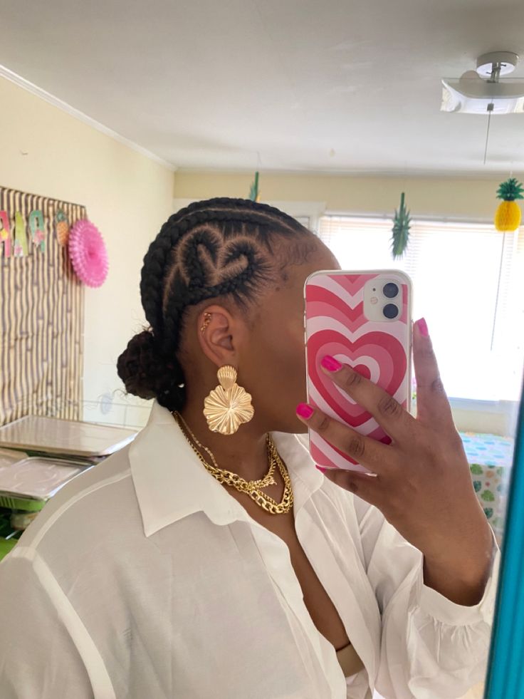 6 Feed In Braids With Heart On The Side, 6 Cornrows With Heart, Corn Rolls With Heart, Heart Straight Back Braids, Heart On The Side Braids, Braided Bun With Heart, Braids With Heart On The Side, How To Do Heart Braids, Valentine’s Day Braids