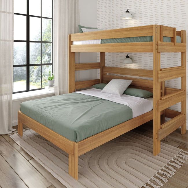 a wooden bunk bed sitting on top of a hard wood floor next to a window