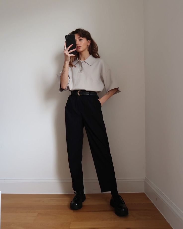 Classy Skater Outfit, Dark Office Outfits Women, Black Slacks Sneakers Outfit, Queer Fem Outfits, Business Casual Dark Academia, Dissertation Defense Outfit, Masc Semi Formal Wear, Retro Work Outfit, Tom Boy Femme Professional