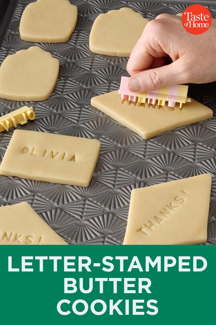 Letter-Stamped Butter Cookies Cookie Letter Stamp, Butter Cookies Design Ideas, Custom Cookie Stamp, Decorating Stamped Cookies, Stamped Biscuits, Butter Cookies Packaging, Stamped Fondant Cookies, Envelope Cookies, Cookie Room