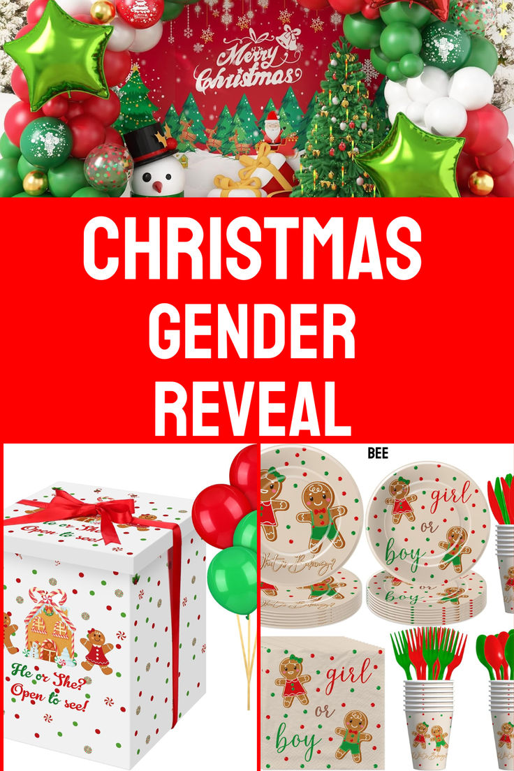 christmas gender reveal with balloons, gifts and decorations