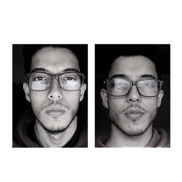 two pictures of a man with glasses on