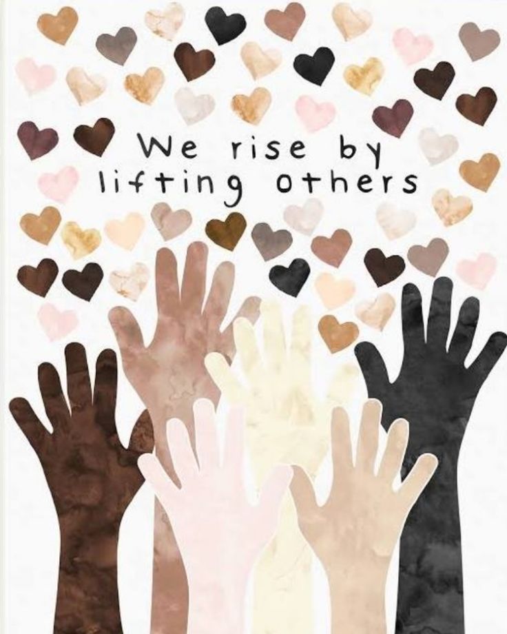 we rise by lifting others up in the air with hearts coming out of their hands