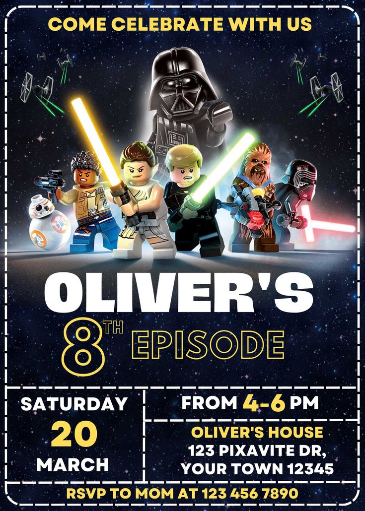 a star wars birthday party with legos and lightsabens on the poster for an event