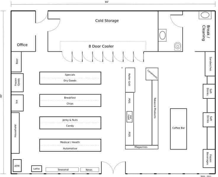 the floor plan for a restaurant with seating and counter space, as well as an office area