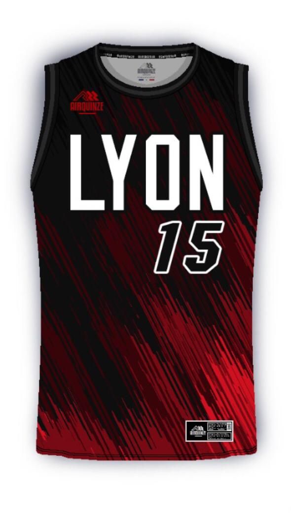 a basketball jersey with the number 15 on it, in red and black stripes that reads lyon