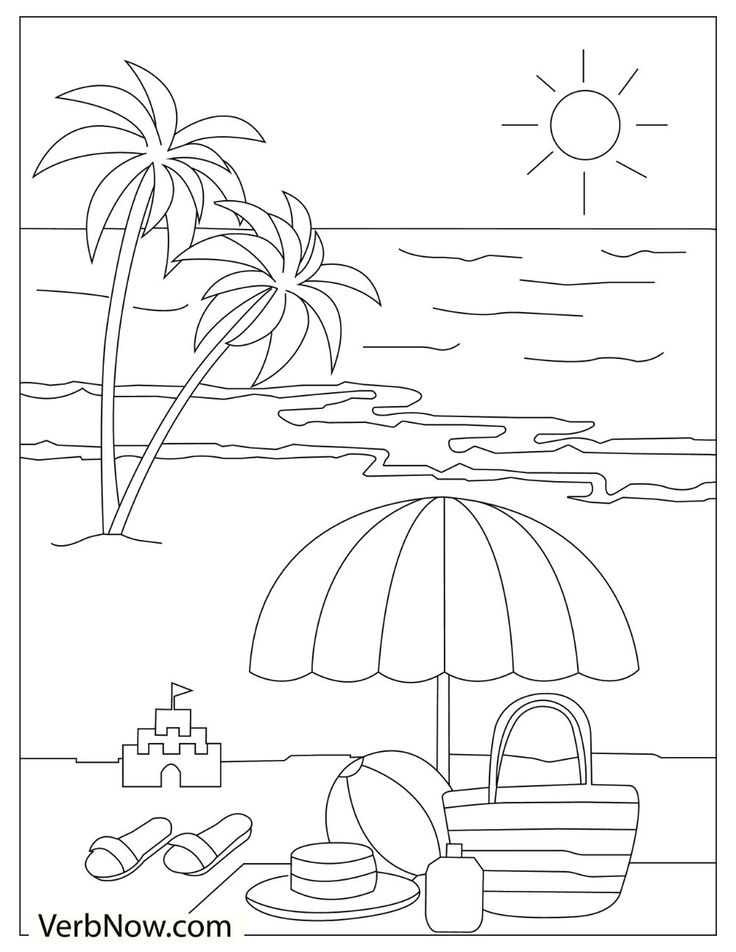 a beach scene with an umbrella and sand castle