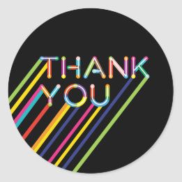 a thank sticker with the words thank you written in multicolored lines on black