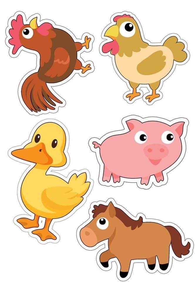 four farm animals stickers are shown in different colors and sizes, including one pig, two