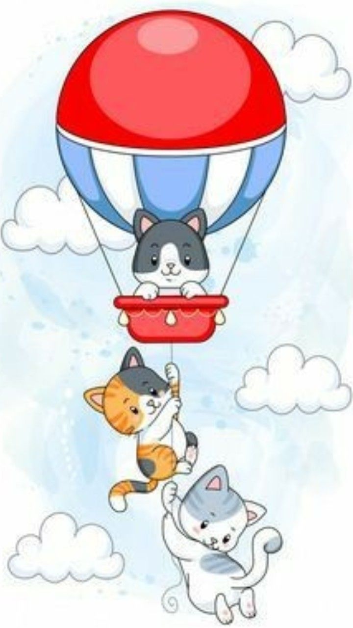 two cats are flying in the sky with a hot air balloon and another cat is holding on to it's tail