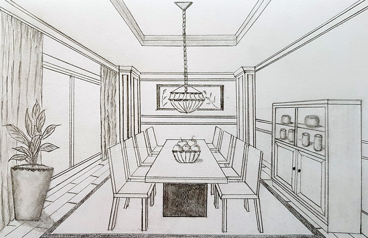 a drawing of a dining room table and chairs with a potted plant in the corner