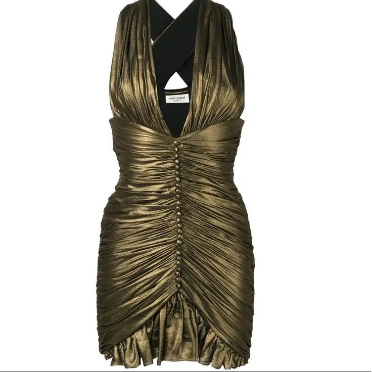 Nwt Size 34 (I Wear An Xs/0 And This Fit Perfectly) Ss19 Gold-Tone Strappy Dress From Saint Laurent. Made Of Silk. Fastened With Zip. Enriched By Draping, Decorative Buttons And Ruffle Trims. Gold Mini Dress Farfetch, Saint Laurent Sequin Dress, Yves Saint Laurent Couture Dresses, Gold Dress Farfetch, Draped Silk Dress, Saint Laurent Dress, Short Casual Dress, Chiffon Shorts, Designer Cocktail Dress