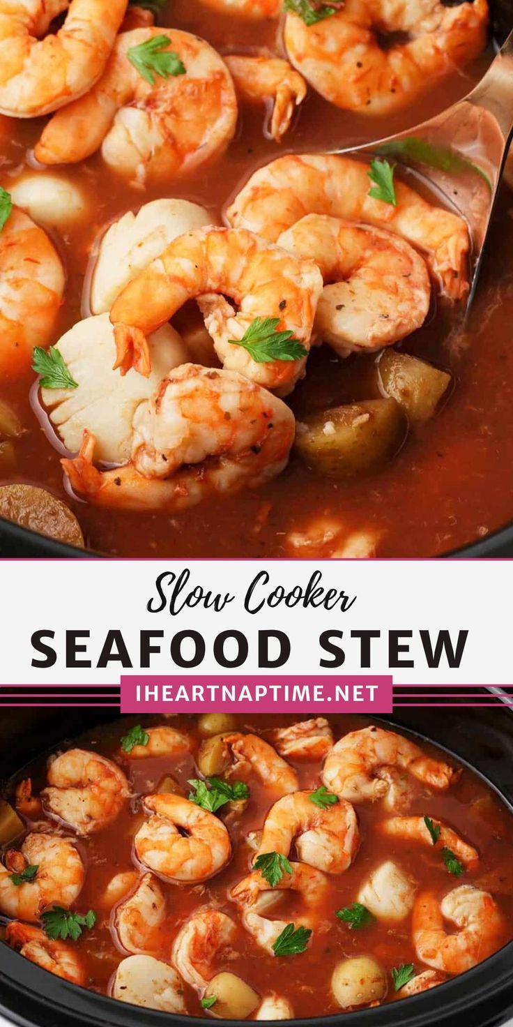 slow cooker seafood stew with shrimp and vegetables in a red sauce on the side