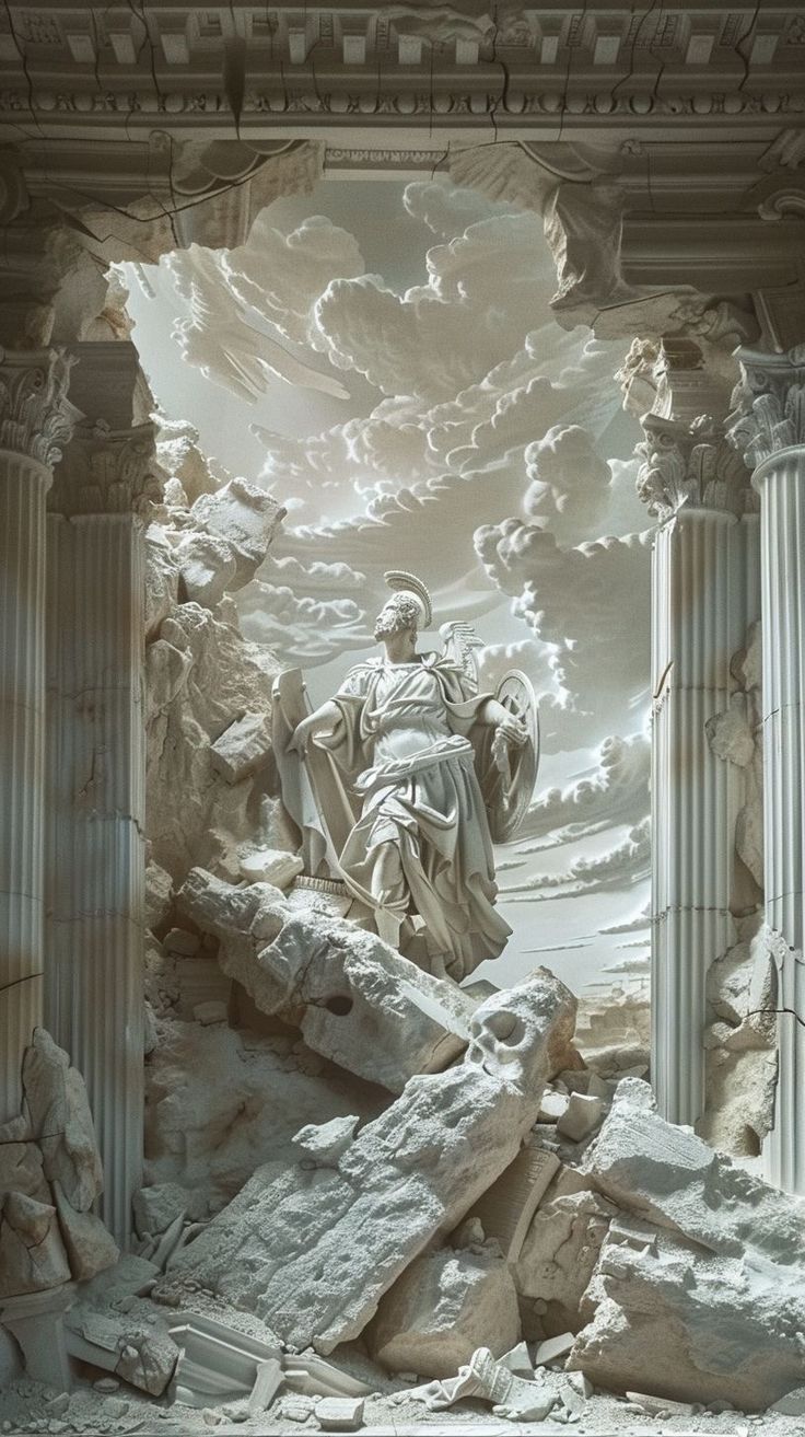 the statue is surrounded by large rocks and pillars with clouds in the sky above it