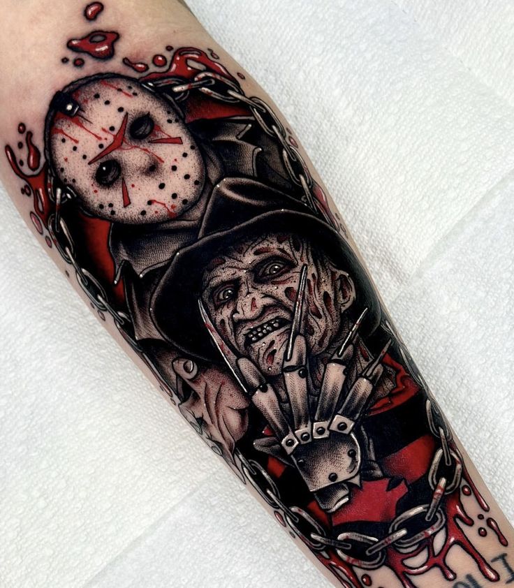 a man with a clock and chains tattoo on his arm is holding a knife in one hand