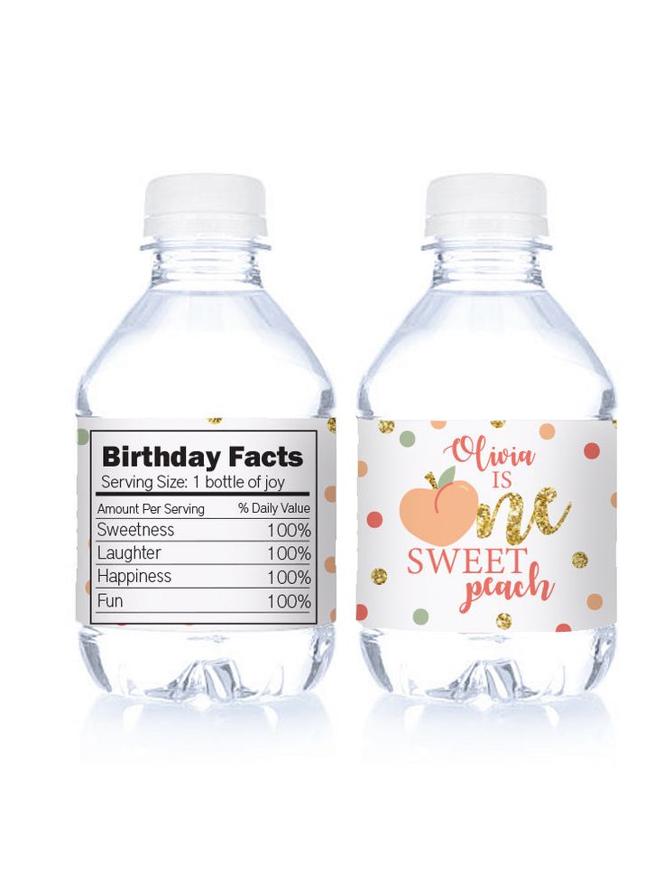 sweet peach birthday party water bottle labels Water Bottle Party Favors, Peach First Birthday Party, Water Bottle Lables, Bottle Party Favors, Peach First Birthday, Water Bottle Wraps, Water Bottle Label Design, Water Birthday, Customised Water Bottles