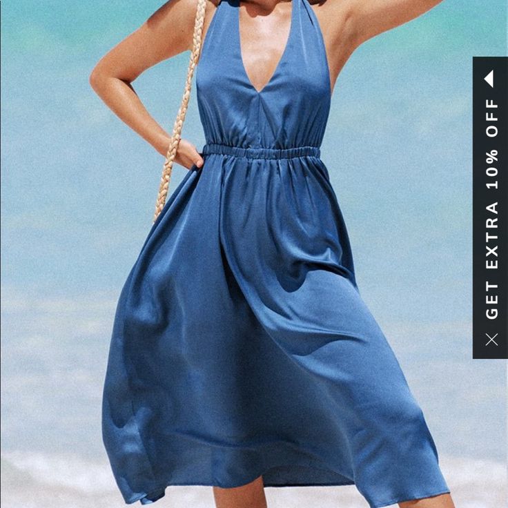 Nwt :) Blue Backless Dress For Brunch, Casual Backless V-neck Dress For Day Out, Chic Blue Mini Dress For Beach Season, Chic Backless Midi Beach Dress, Chic Backless Midi Dress For Beach, Chic Blue Backless Sundress, Chic Backless Midi Dress For Beach Season, Chic Blue Mini Backless Dress, Chic Blue Mini Length Backless Dress