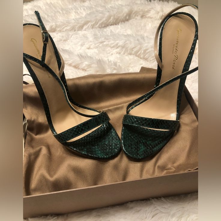 Brand New In Original Box With Dust Bags. Never Worn. These Were Limited Edition! I Bought In A Boutique In Nj A Few Years Ago. Gorgeous Emerald Green Python Skin. 100mm Heel Height. Elegant Green Leather Heels, Elegant Green Heels With 4-inch Heel, Luxury Open Toe Heels For Date Night, Luxury Green Open Heel Heels, Elegant Leather Heels For Date Night, Luxury Green High Heels, Elegant Heels For Date Night, Chic Green Heels For Cocktail, Luxury Green Heels For Evening